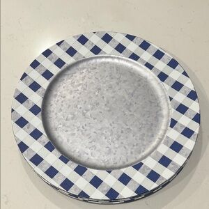 Set of 5 Blue, white and galvanized silver gingham chargers